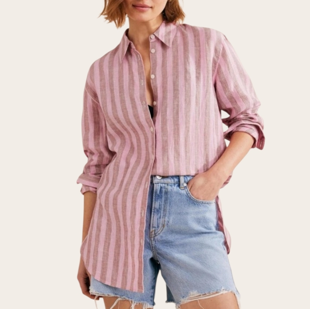BODEN Linen Blend Relaxed Oversized Formica Pink Sparkle Stripe Shirt 6 Petite - Picture 11 of 11